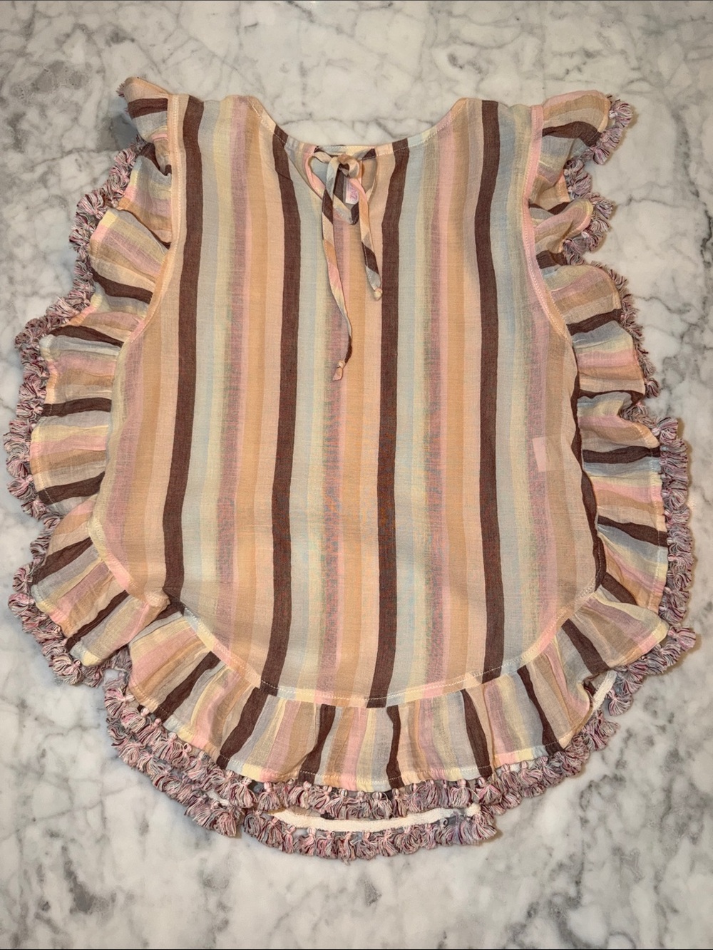 Zimmermann Pastel Striped Ruffle Tunic Coverup - Pink, Brown & Cream 2Y